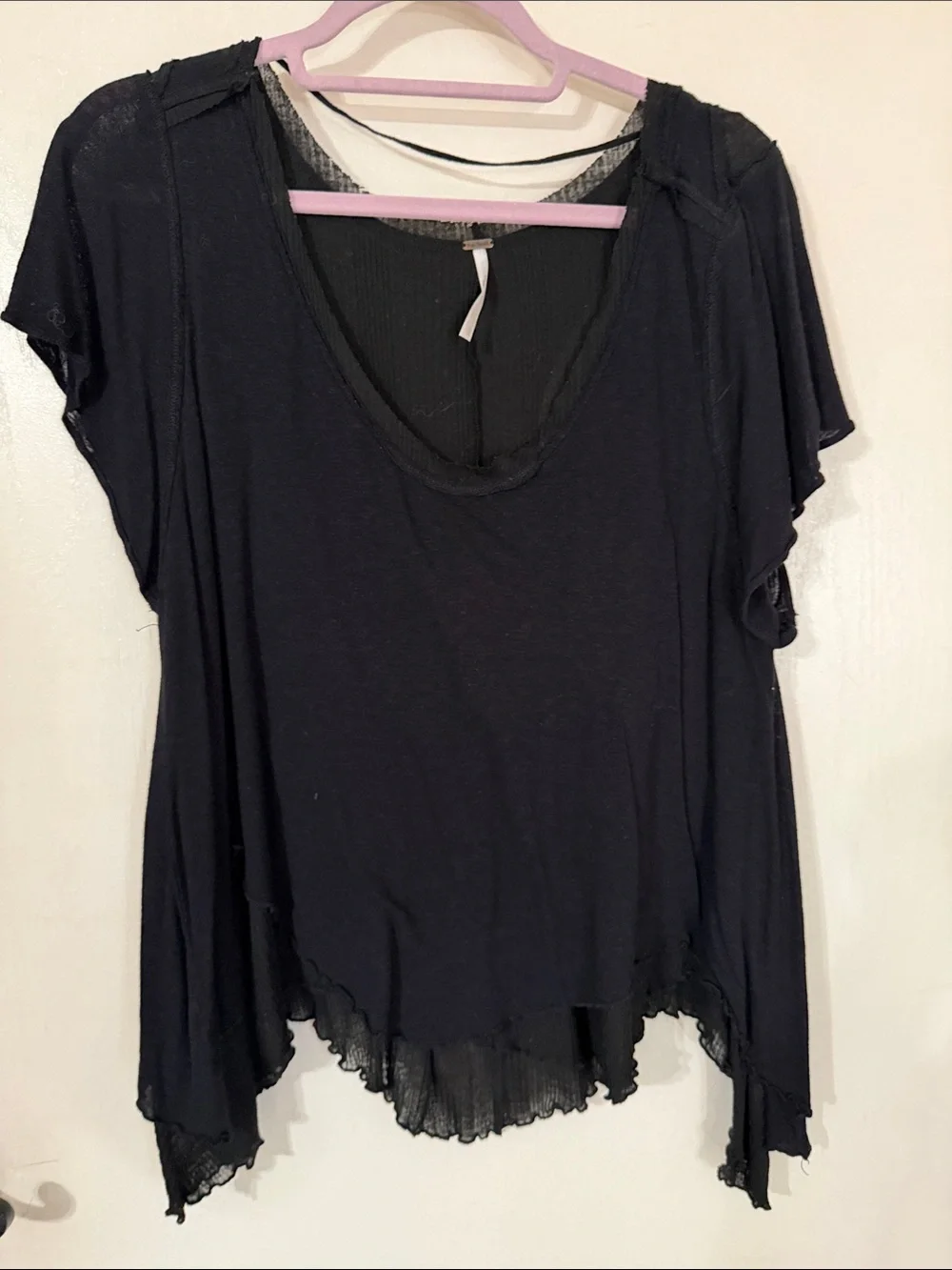 Free People Black Short Sleeve Scoop Neck Draped Tee